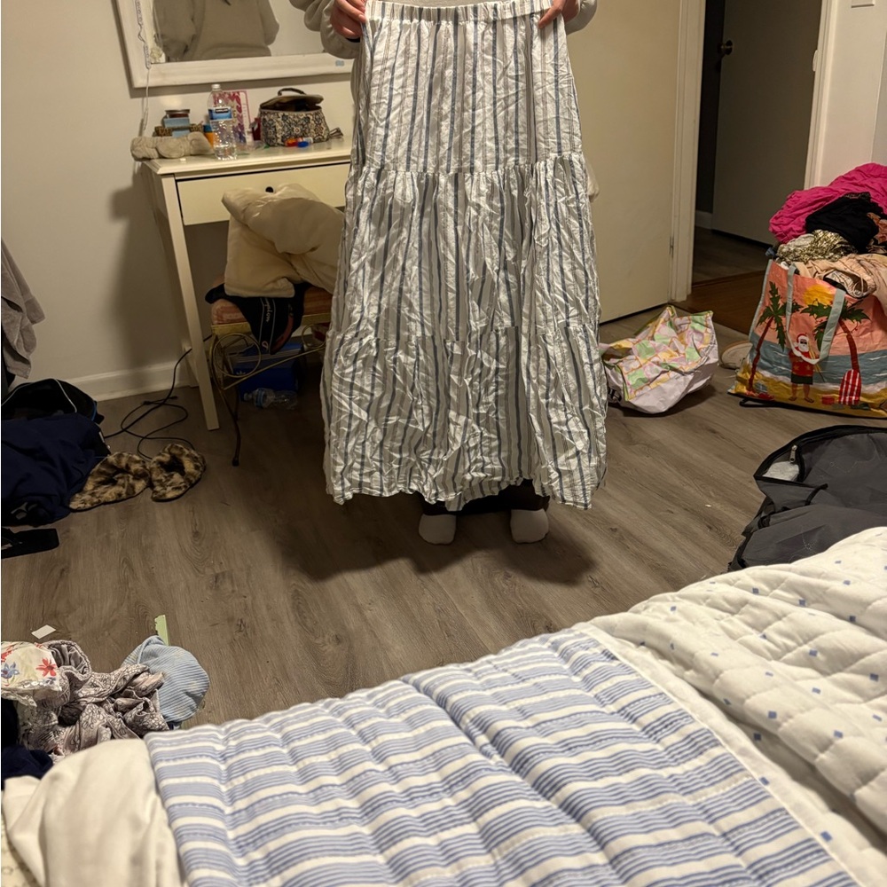 DREW Light Blue and White Striped Tiered Maxi Skirt